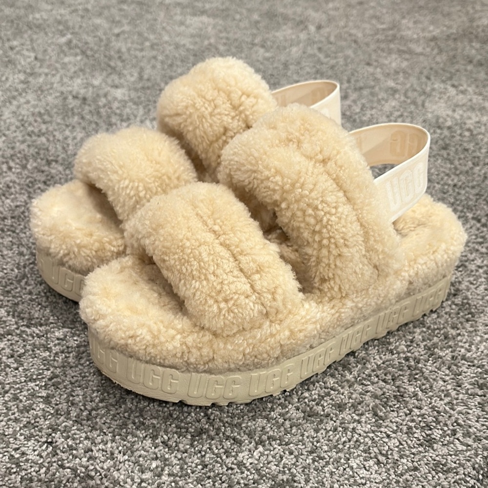 UGG Cream Plush Slippers with Platform Sole